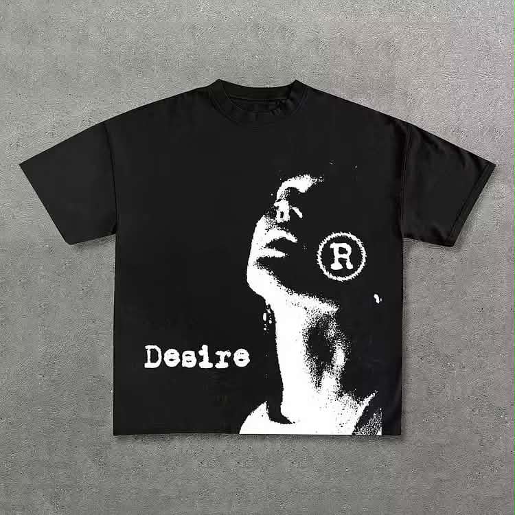 Vintage 2026 Desire Graphic Print Cotton T-Shirt Men Y2K Summer Short Sleeves Vintage Oversize Tshir